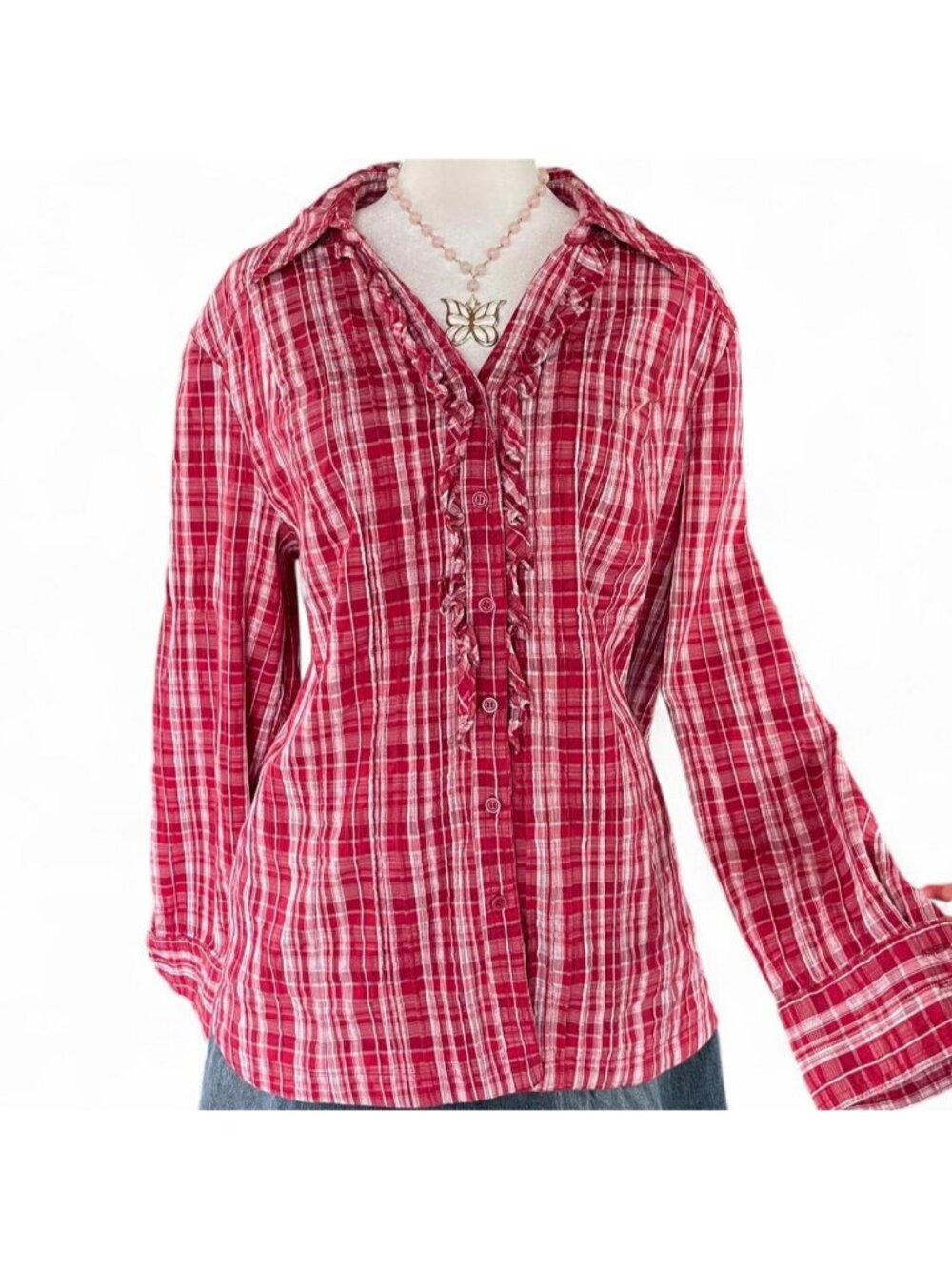 2000s red and white plaid button up blouse with ruffles